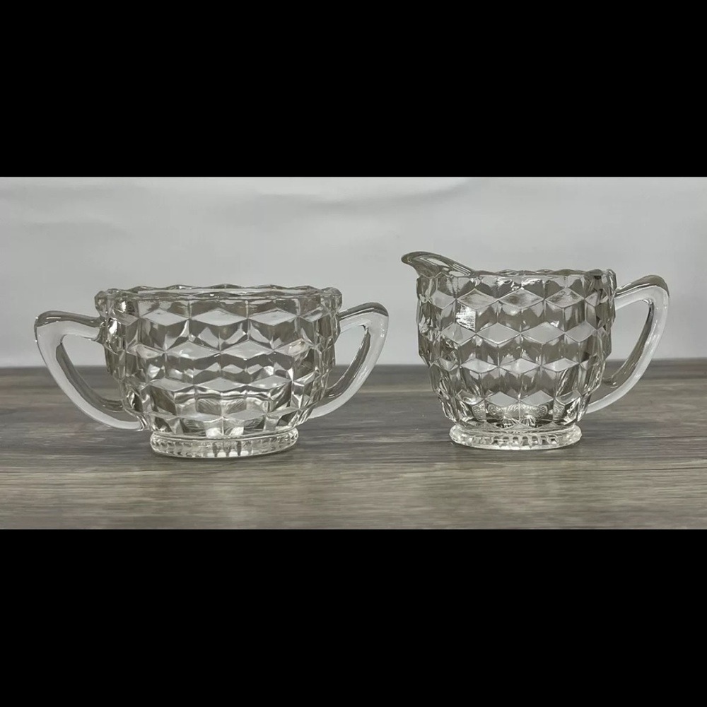 Fostoria American Creamer and Sugar‎ Set Clear Cube Pressed Glass Vintage